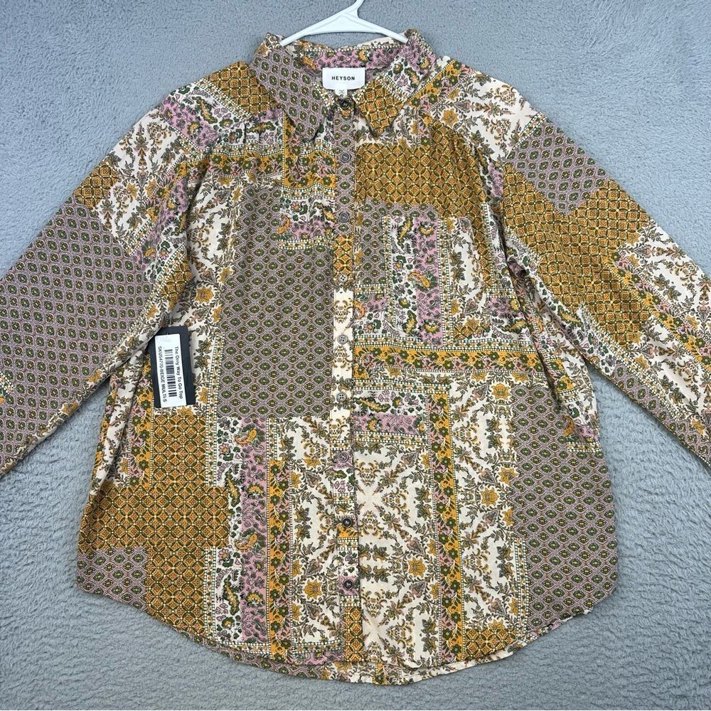 Heyson Shirt Womens Small Beige‎ Yellow Bohemian Button Up Collar Blouse Casual